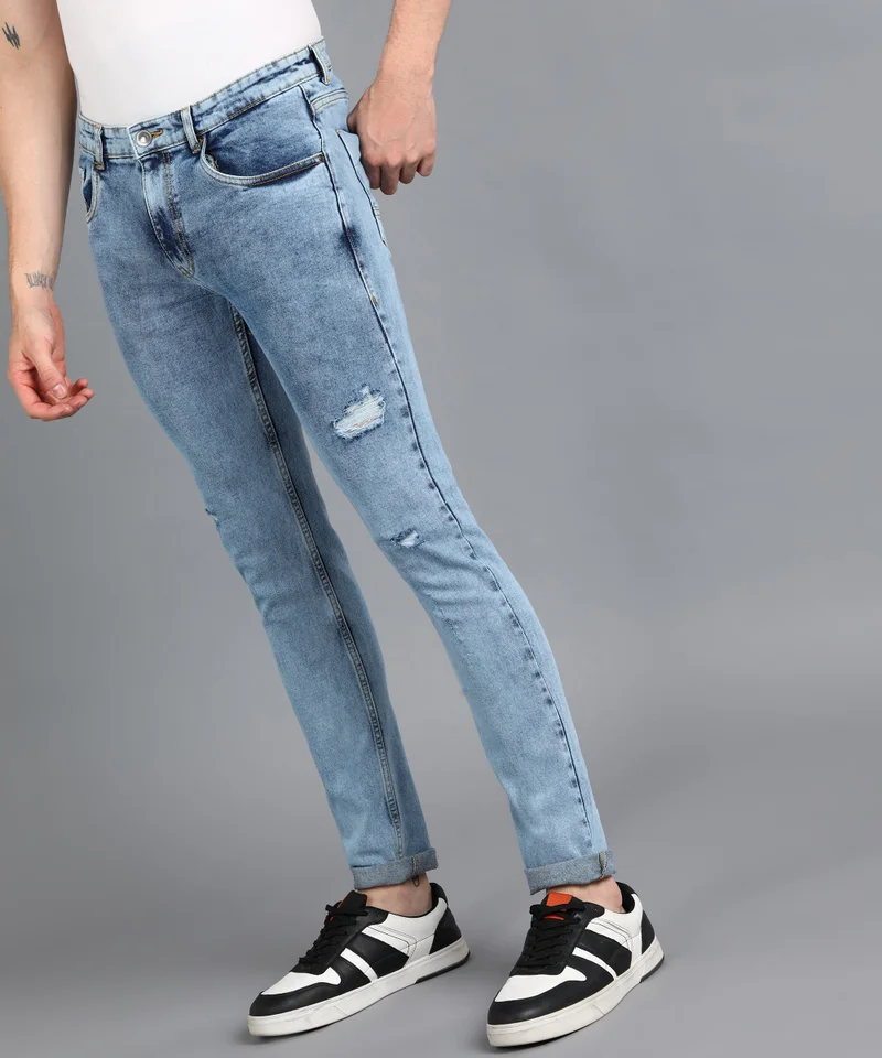أوربانو فاشن Urbano Fashion Men's Sky Blue Slim Fit Washed Mild Distressed/Torn Jeans Stretchable