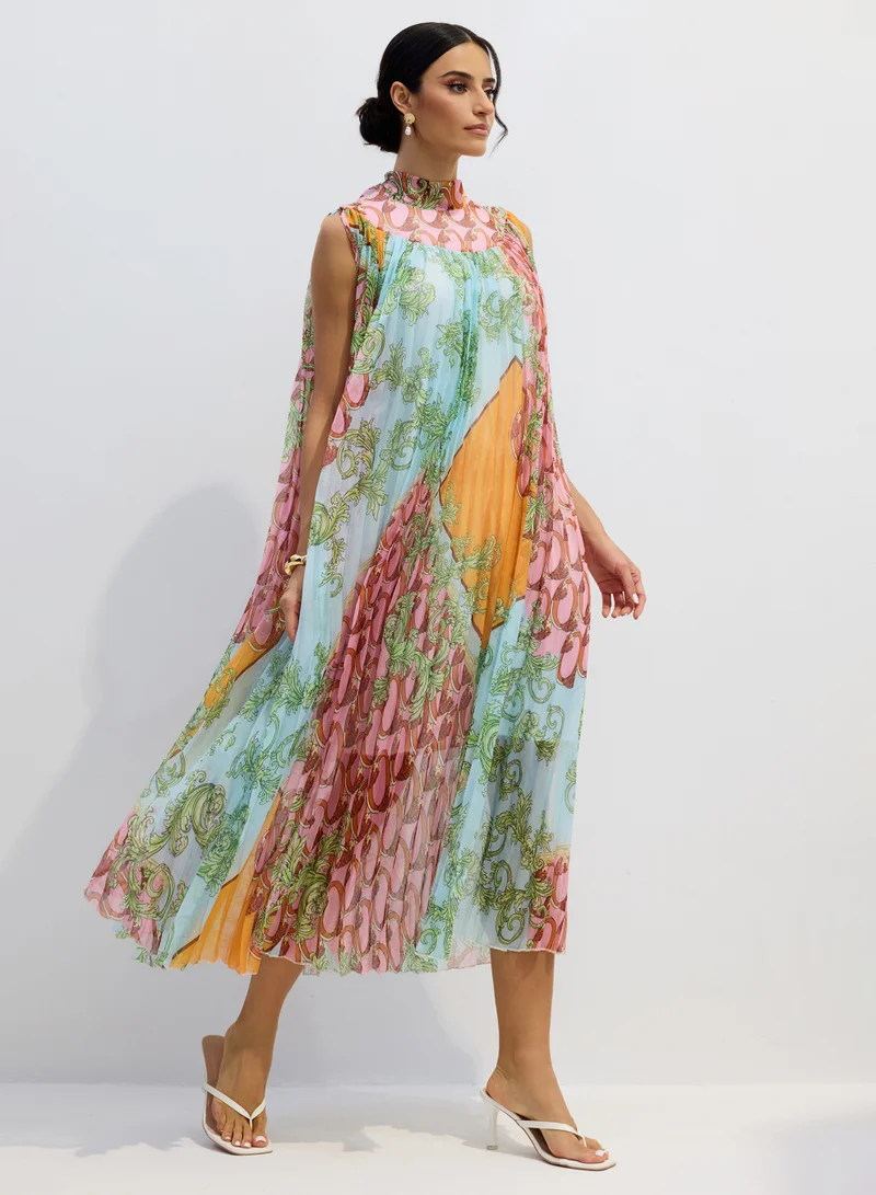 Sunfere Martha Print Sleeveless Pleated Midi Dress