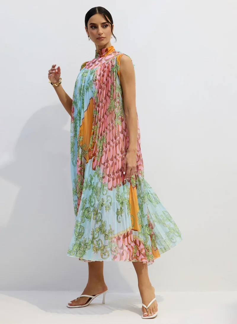 Sunfere Martha Print Sleeveless Pleated Midi Dress