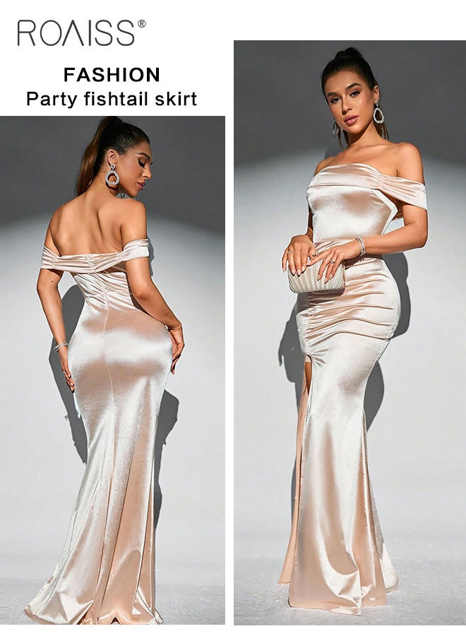 roaiss Satin One-Shoulder Hip  Dress for Women Fashionable Banquet Tube Top Pleated Design High Waist Sleeveless  Side Slit Party Tight Fishtail Skirt for Ladies Ramadan Eid al-Adha  - Image 3