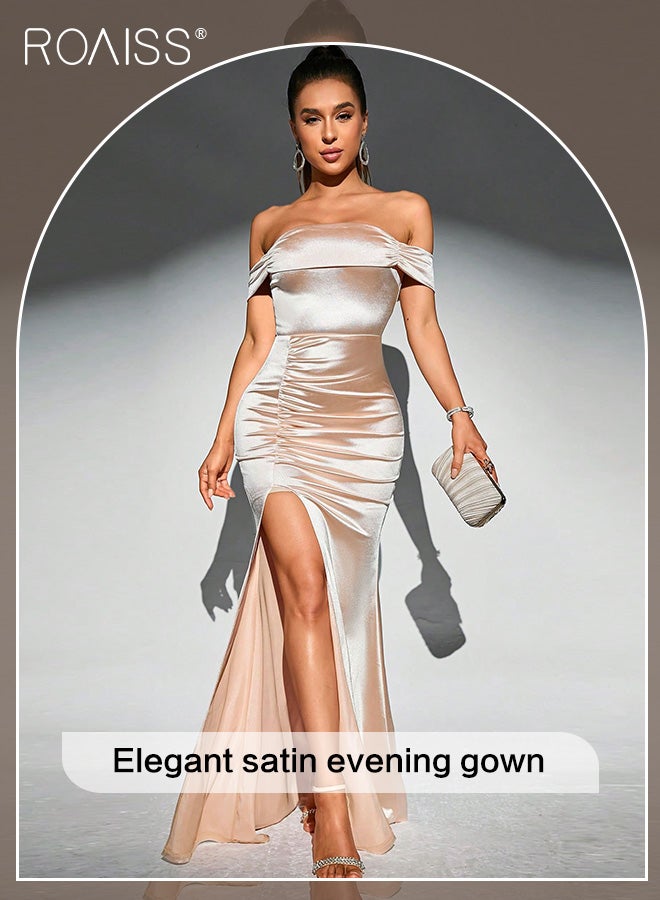 roaiss Satin One-Shoulder Hip  Dress for Women Fashionable Banquet Tube Top Pleated Design High Waist Sleeveless  Side Slit Party Tight Fishtail Skirt for Ladies Ramadan Eid al-Adha  - Image 4