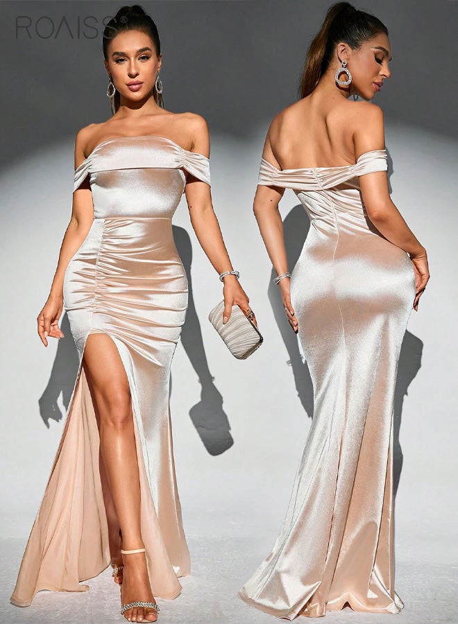 roaiss Satin One-Shoulder Hip  Dress for Women Fashionable Banquet Tube Top Pleated Design High Waist Sleeveless  Side Slit Party Tight Fishtail Skirt for Ladies Ramadan Eid al-Adha  - Image 1