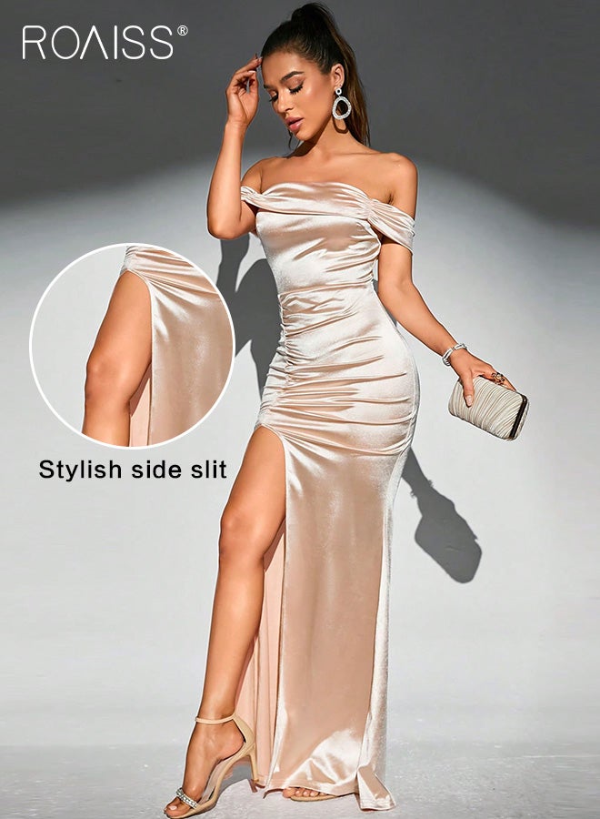 roaiss Satin One-Shoulder Hip  Dress for Women Fashionable Banquet Tube Top Pleated Design High Waist Sleeveless  Side Slit Party Tight Fishtail Skirt for Ladies Ramadan Eid al-Adha  - Image 2