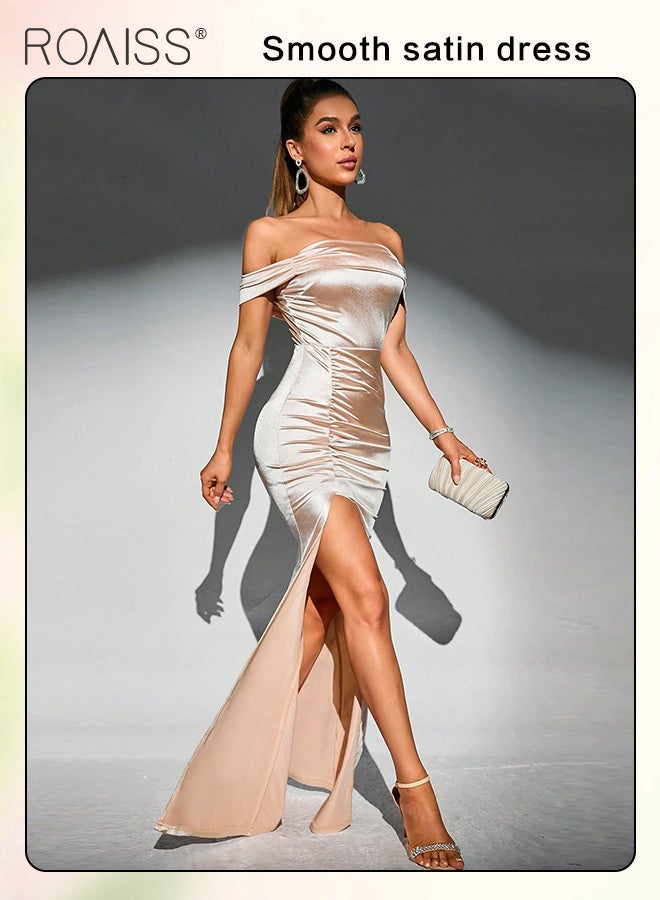 roaiss Satin One-Shoulder Hip  Dress for Women Fashionable Banquet Tube Top Pleated Design High Waist Sleeveless  Side Slit Party Tight Fishtail Skirt for Ladies Ramadan Eid al-Adha  - Image 5