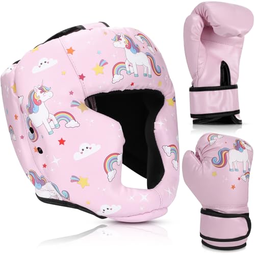 Arrowbash Boxing Headgear and Gloves Set for Kids 6oz Pink Unicorn Boxing Gloves and Wrestling Headgear Sparring Equipment for Boxing Kickboxing Muay Thai BJJ Karate Training - Image 1