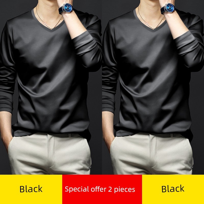 High-end modal long-sleeved t-shirt men's V-neck solid white inner wear New  base shirt autumn clothes small shirt thin style - Image 2