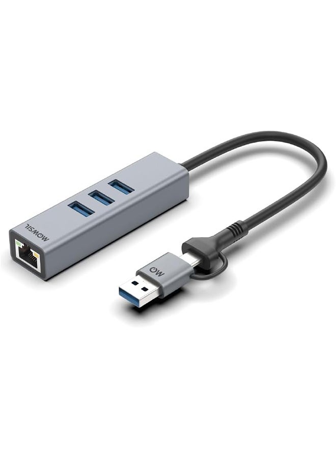 Mowsil USB to LAN RJ45 Ethernet Adapter with 3 Port USB Hub Compatible with MacBook iMac PC Switch Surface Pro Windows Mac OS/IOS Linux Aluminum adapter, Grey - Image 1