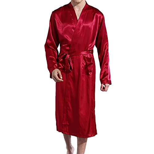Lu's Chic Men's Silk Robe Lightweight Satin Kimono Summer SPA Lounge Long Sleeve Silky Bath Robe Soft Knee Length Bathrobe with Pocket Red Small - Image 1