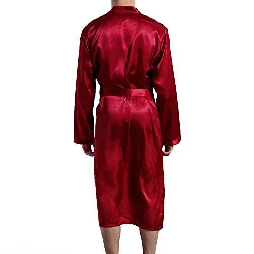 Lu's Chic Men's Silk Robe Lightweight Satin Kimono Summer SPA Lounge Long Sleeve Silky Bath Robe Soft Knee Length Bathrobe with Pocket Red Small - Image 4