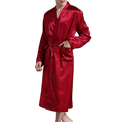 Lu's Chic Men's Silk Robe Lightweight Satin Kimono Summer SPA Lounge Long Sleeve Silky Bath Robe Soft Knee Length Bathrobe with Pocket Red Small - Image 2