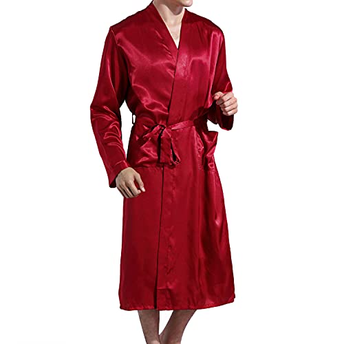 Lu's Chic Men's Silk Robe Lightweight Satin Kimono Summer SPA Lounge Long Sleeve Silky Bath Robe Soft Knee Length Bathrobe with Pocket Red Small - Image 3