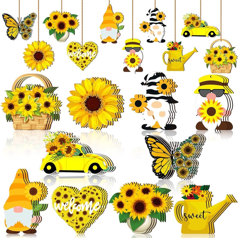 Chunful 30 Pack Sunflower Gnome Wooden Ornament Yellow Flower Gnome Hanging Wooden Pendant Summer Tree Ornaments with Rope for Sunflower Theme Birthday Party Favor Supplies(Vivid Style) - Image 1