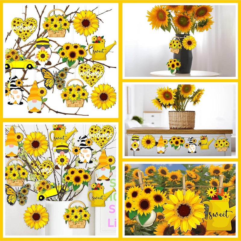 Chunful 30 Pack Sunflower Gnome Wooden Ornament Yellow Flower Gnome Hanging Wooden Pendant Summer Tree Ornaments with Rope for Sunflower Theme Birthday Party Favor Supplies(Vivid Style) - Image 5