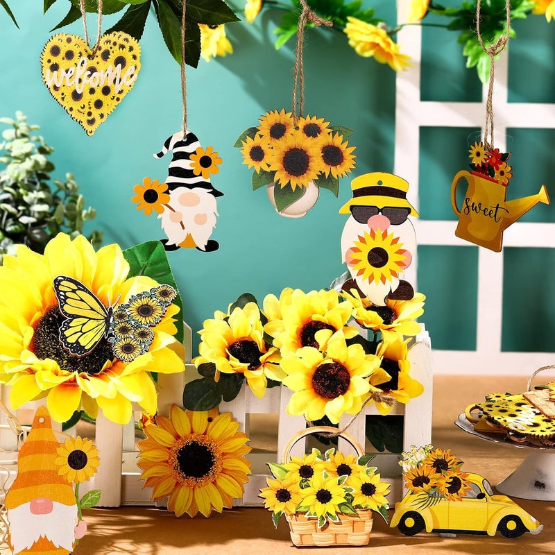 Chunful 30 Pack Sunflower Gnome Wooden Ornament Yellow Flower Gnome Hanging Wooden Pendant Summer Tree Ornaments with Rope for Sunflower Theme Birthday Party Favor Supplies(Vivid Style) - Image 2