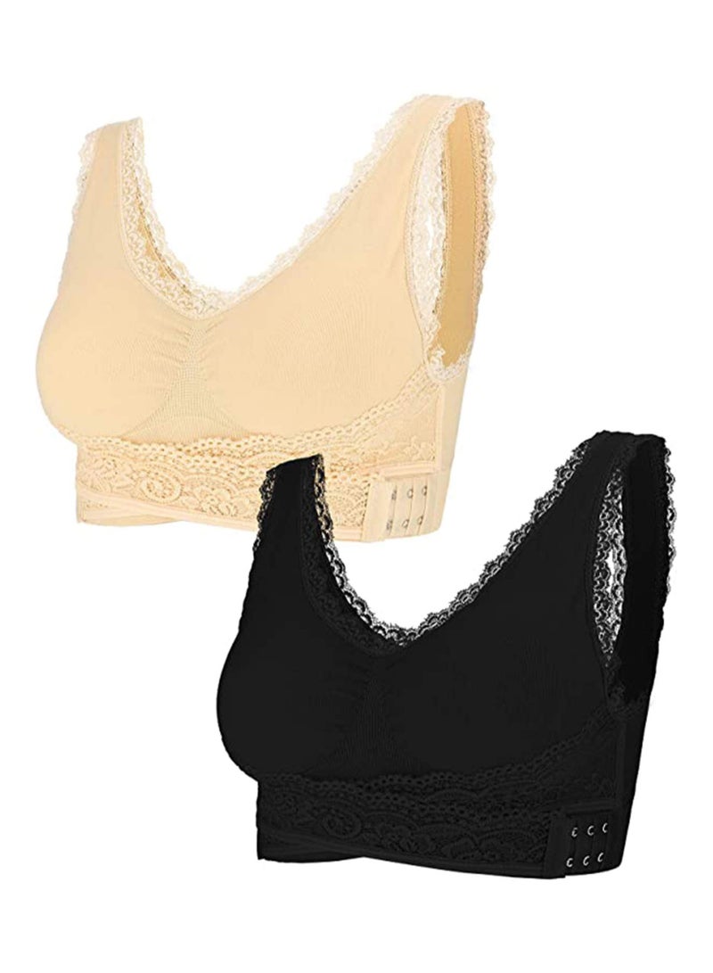 Excefore 2 Pieces Lace Vest Bra Seamless Front Cross Bras Adjustable Side Buckle Bra for Women Gym Wearing, Beige, Black (XL) - Image 1