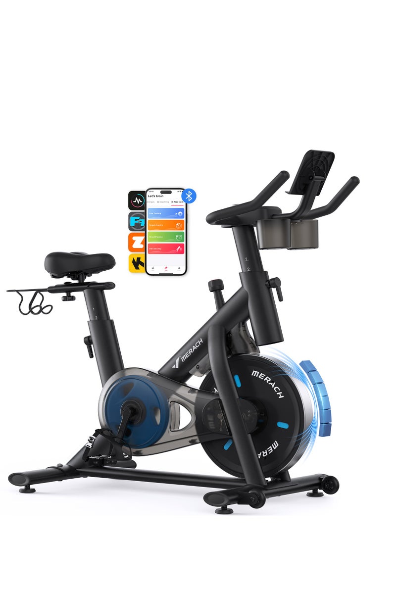 ميراتش دراجة تمارين ميراش، دراجة ثابتة بمقاومة مغناطيسية مع تطبيق حصري، دراجة ركوب داخلية منخفضة الضوضاء بسعة وزن 136 كجم، حامل للكمبيوتر اللوحي، ودورات لياقة بدنية لإنقاص الوزن - Image 1