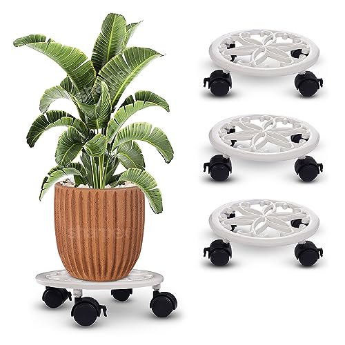 Sharpex Pack of 4 Metal Caddy Iron Dolly on Round Rack Rustproof Sturdy Potted Indoor Outdoor Plant Stand/Trolley with Locking Wheels for Balcony, Living Room, Home and Garden (White) - Image 1