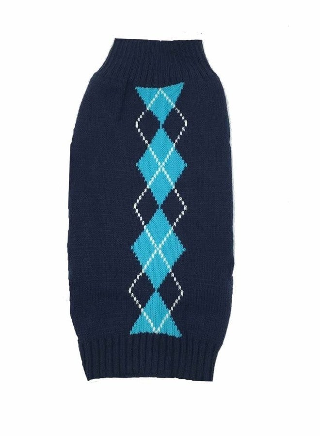 Alemon Navy Blue Argyle Dog Sweater, Knit Plaid Cat Sweater, X-Small (XS) Back Length 10" - Image 1