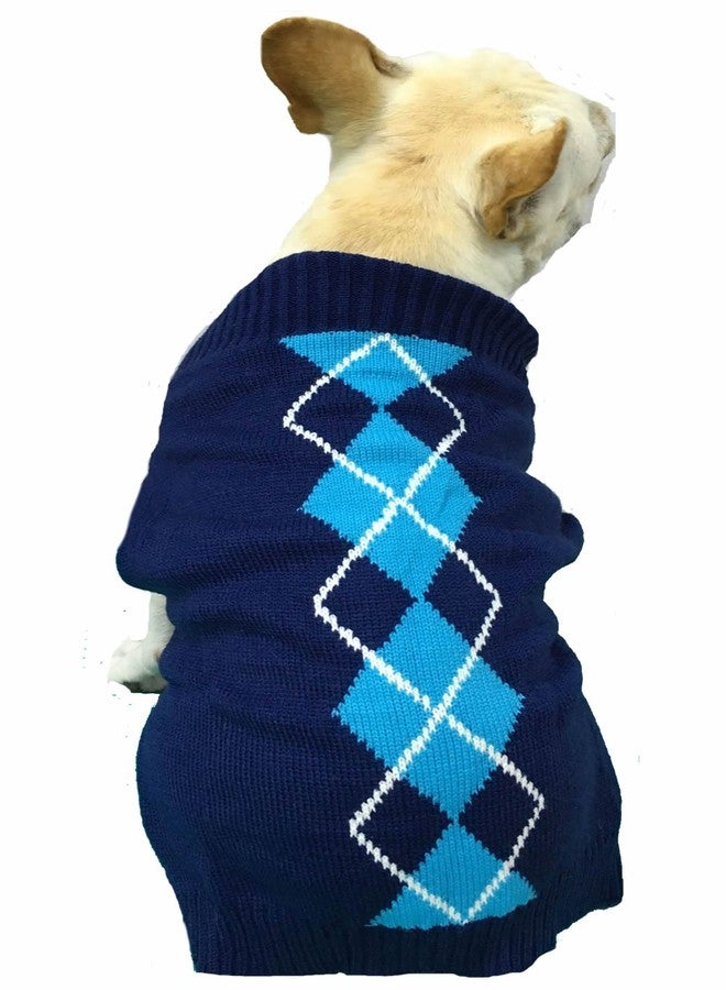 Alemon Navy Blue Argyle Dog Sweater, Knit Plaid Cat Sweater, X-Small (XS) Back Length 10" - Image 4
