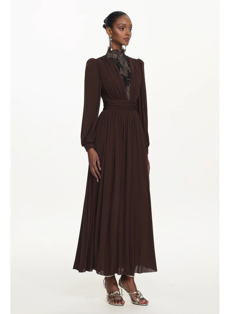 Bella Barnett  Rebecca Chic Contour Long Sleeve Ruched Lace Knit Maxi Dress for Women | Best Price UAE