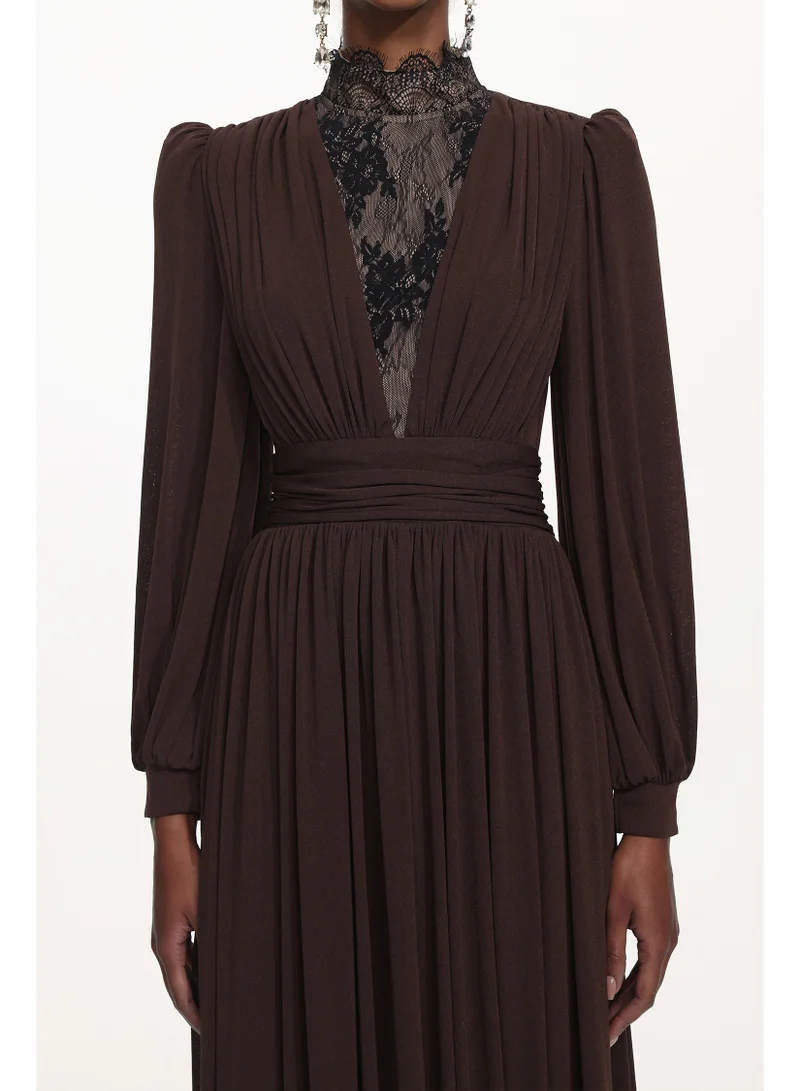 Bella Barnett  Rebecca Chic Contour Long Sleeve Ruched Lace Knit Maxi Dress for Women | Best Price UAE