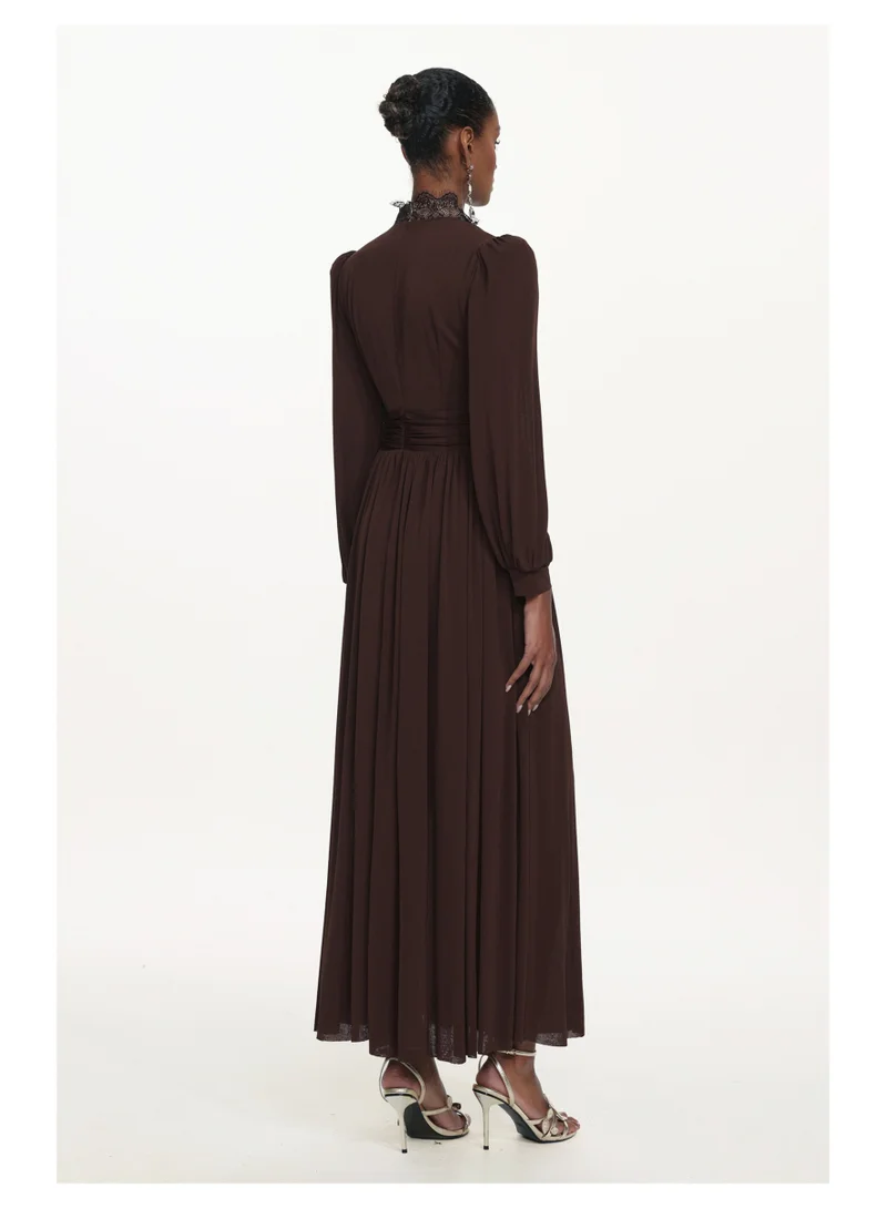 Bella Barnett  Rebecca Chic Contour Long Sleeve Ruched Lace Knit Maxi Dress for Women | Best Price UAE