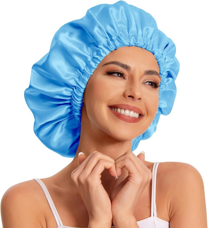 Edoneery Silk Sleep Bonnet with Double Layer Floral Satin Bonnet for Women, Sea blue, One Size - Image 1