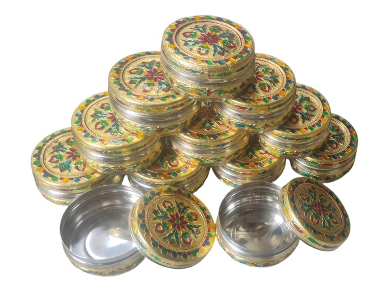 CRAFTS WORLD Handicraft Stainless Steel Dabba Container Meenakari Rajwadi Decorative Oxidized Storage BoxChapati BoxRoti Box for Serving Dryfruit Chocolate And MukwasMarriage Gift Pack Of 12 - Image 2