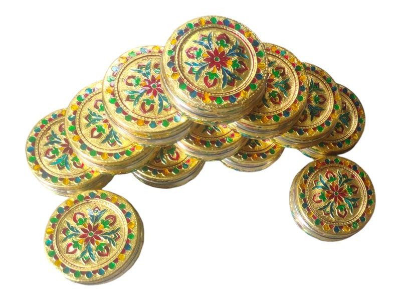CRAFTS WORLD Handicraft Stainless Steel Dabba Container Meenakari Rajwadi Decorative Oxidized Storage BoxChapati BoxRoti Box for Serving Dryfruit Chocolate And MukwasMarriage Gift Pack Of 12 - Image 4