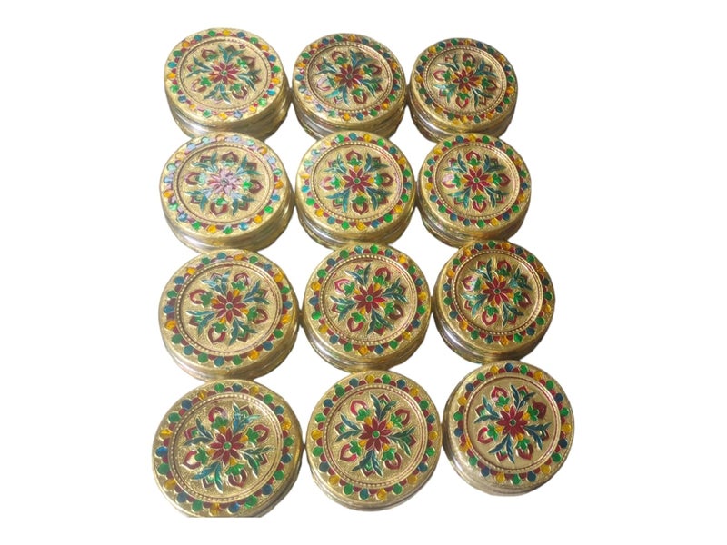 CRAFTS WORLD Handicraft Stainless Steel Dabba Container Meenakari Rajwadi Decorative Oxidized Storage BoxChapati BoxRoti Box for Serving Dryfruit Chocolate And MukwasMarriage Gift Pack Of 12 - Image 3