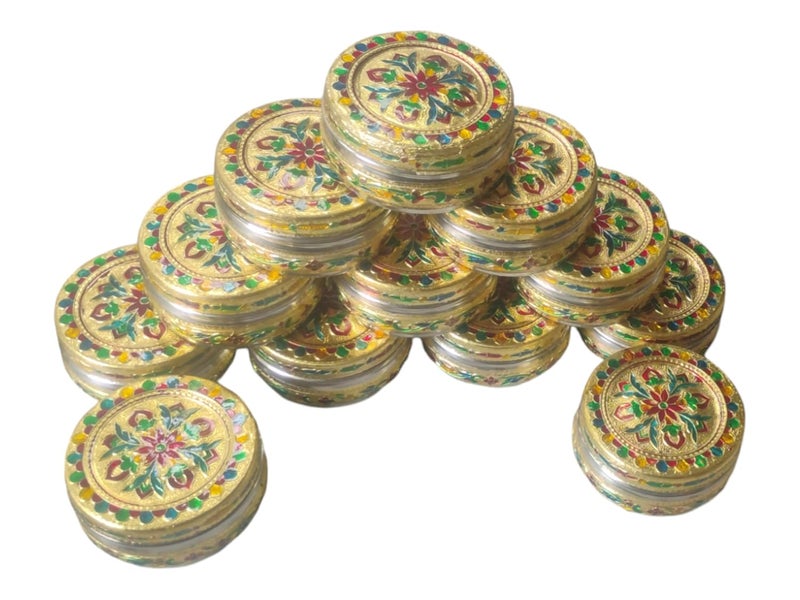 CRAFTS WORLD Handicraft Stainless Steel Dabba Container Meenakari Rajwadi Decorative Oxidized Storage BoxChapati BoxRoti Box for Serving Dryfruit Chocolate And MukwasMarriage Gift Pack Of 12 - Image 1