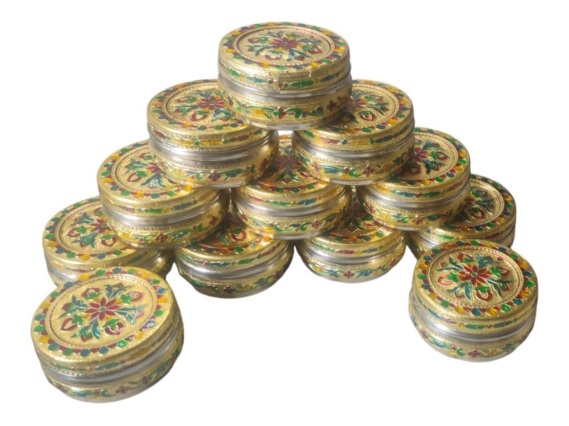 CRAFTS WORLD Handicraft Stainless Steel Dabba Container Meenakari Rajwadi Decorative Oxidized Storage BoxChapati BoxRoti Box for Serving Dryfruit Chocolate And MukwasMarriage Gift Pack Of 12 - Image 5
