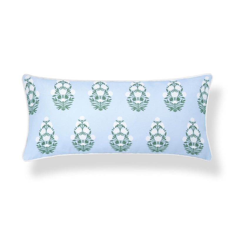 Hofdeco Premium Coastal Grandmillennial Patio Indoor Outdoor Lumbar Pillow Cover Only, 12"x26" Water Repellent for Backyard, Couch, Poolside, Baby Blue Green Print Flower - Image 1
