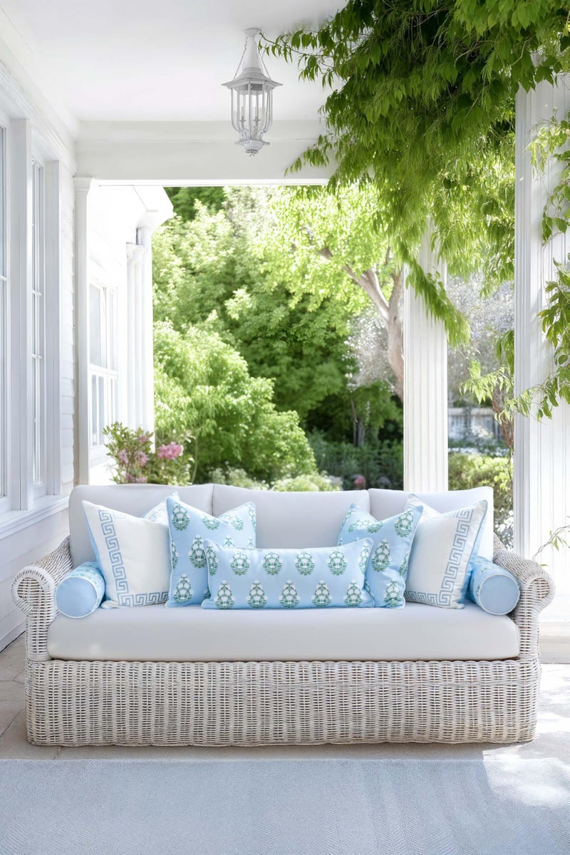 Hofdeco Premium Coastal Grandmillennial Patio Indoor Outdoor Lumbar Pillow Cover Only, 12"x26" Water Repellent for Backyard, Couch, Poolside, Baby Blue Green Print Flower - Image 3