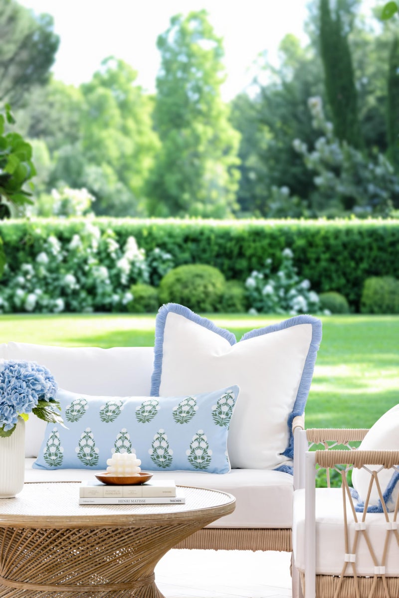 Hofdeco Premium Coastal Grandmillennial Patio Indoor Outdoor Lumbar Pillow Cover Only, 12"x26" Water Repellent for Backyard, Couch, Poolside, Baby Blue Green Print Flower - Image 2