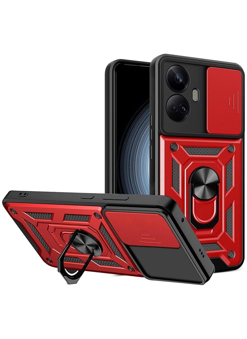 جراب متوافق مع Realme 10 Pro Plus/10 Pro+ 5G مع غطاء كاميرا منزلق، غطاء واقٍ مقاوم للصدمات بدرجة عالية مع حامل معدني قابل للدوران (أحمر)