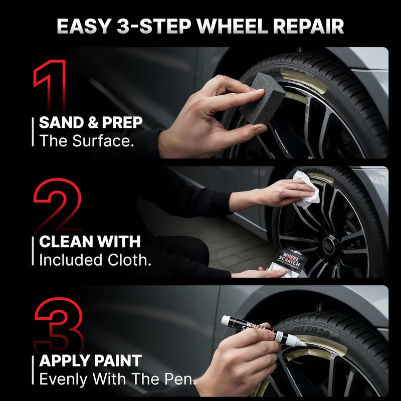 Wheel Scratch Fix ® Matte Black Touch Up Paint for Cars - DIY Alloy Wheel Repair Kit, Curb Rash Remover with Fast-Drying Pen - Long-Lasting OEM Finish Car Rim Paint for Scuffs and Chips at Home (Satin/Matte Black) - Image 3