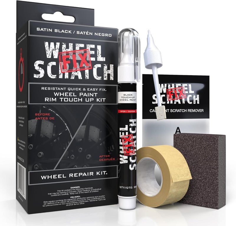 Wheel Scratch Fix ® Matte Black Touch Up Paint for Cars - DIY Alloy Wheel Repair Kit, Curb Rash Remover with Fast-Drying Pen - Long-Lasting OEM Finish Car Rim Paint for Scuffs and Chips at Home (Satin/Matte Black) - Image 1