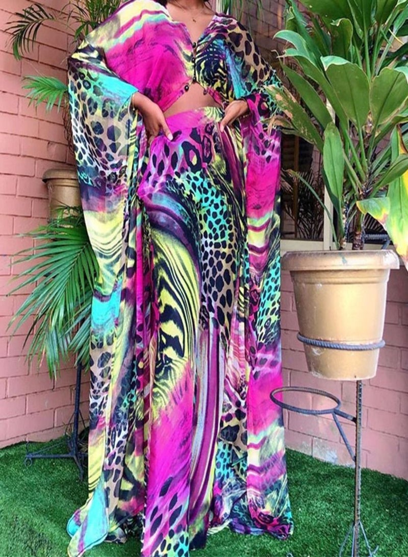 Loquat Chiffon Cardigan Loose Oversized Trousers Two-Piece Suit Abaya Multicolour