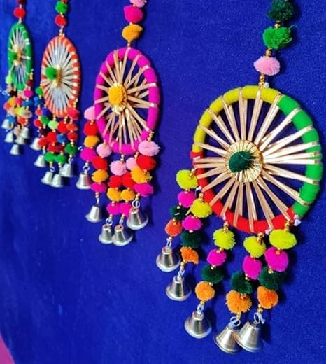 VRCT Plastic Handmade Colorful Ring Pom Pom Hanging for Home Decor|Pom Pom with Bells for Home/Diwali/Wedding/Mehandi/Haldi/Stage Backdrop Decoration|Rajasthani Decoration Items Set of (10) (6) - Image 5