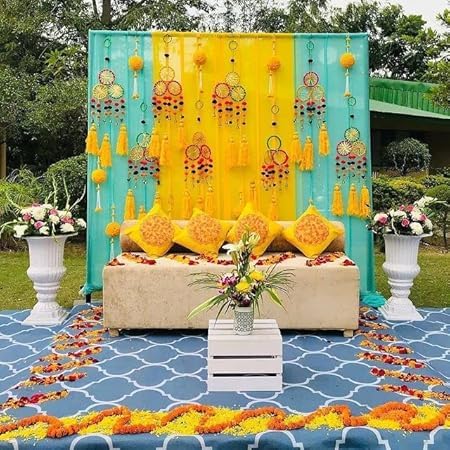 VRCT Plastic Handmade Colorful Ring Pom Pom Hanging for Home Decor|Pom Pom with Bells for Home/Diwali/Wedding/Mehandi/Haldi/Stage Backdrop Decoration|Rajasthani Decoration Items Set of (10) (6) - Image 4