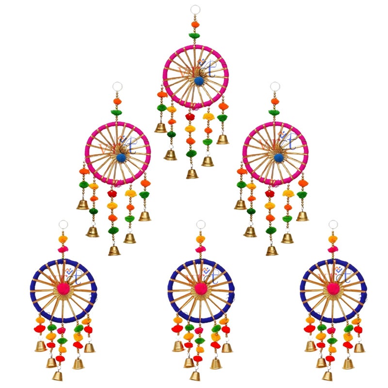 VRCT Plastic Handmade Colorful Ring Pom Pom Hanging for Home Decor|Pom Pom with Bells for Home/Diwali/Wedding/Mehandi/Haldi/Stage Backdrop Decoration|Rajasthani Decoration Items Set of (10) (6) - Image 1