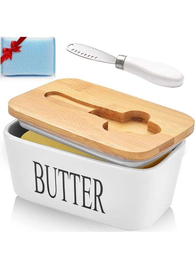 هوكور طبق زبدة كبير مع غطاء، وعاء سيراميك لحفظ الزبدة مع سكين وأطباق زبدة محكمة الغلق من السيليكون عالي الجودة، للمطبخ والطبخ المنزلي - Image 1