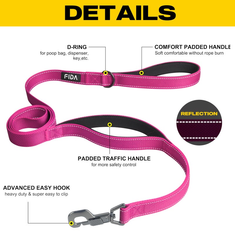 Fida 6 FT Heavy Duty Dog Leash with 2 Comfortable Padded Handles, Traffic Handle & Advanced Easy Snap Hook, Reflective Walking Lead for Large, Medium & Small Breed Dogs, Rose - Image 2