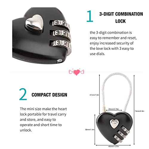 Cuifati Heart Shape Code Lock Compact mini Size with 3 Digit Code Combination for Luggage, Backpack, Jewelry Box, Hall Locker(Black) - Image 3