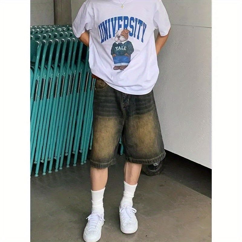 Vintage American Style Denim Shorts Loose Fit Straight Leg Five Patch Blue Distressed Washing Clean Fit Mens Pants 9002-Black  - Image 2