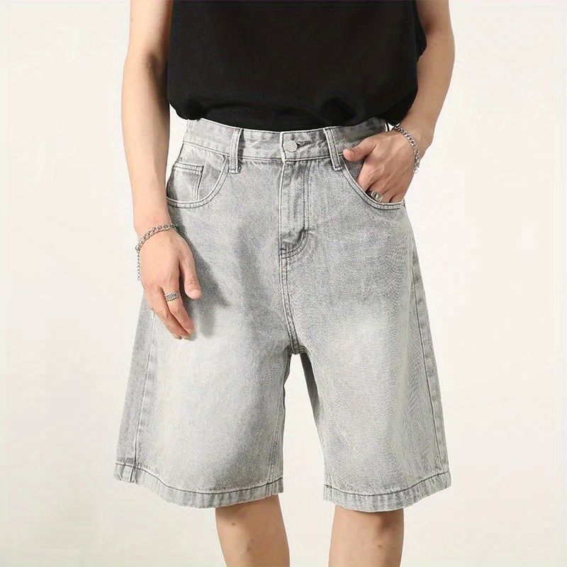 Vintage American Style Denim Shorts Loose Fit Straight Leg Five Patch Blue Distressed Washing Clean Fit Mens Pants 9002-Black  - Image 4