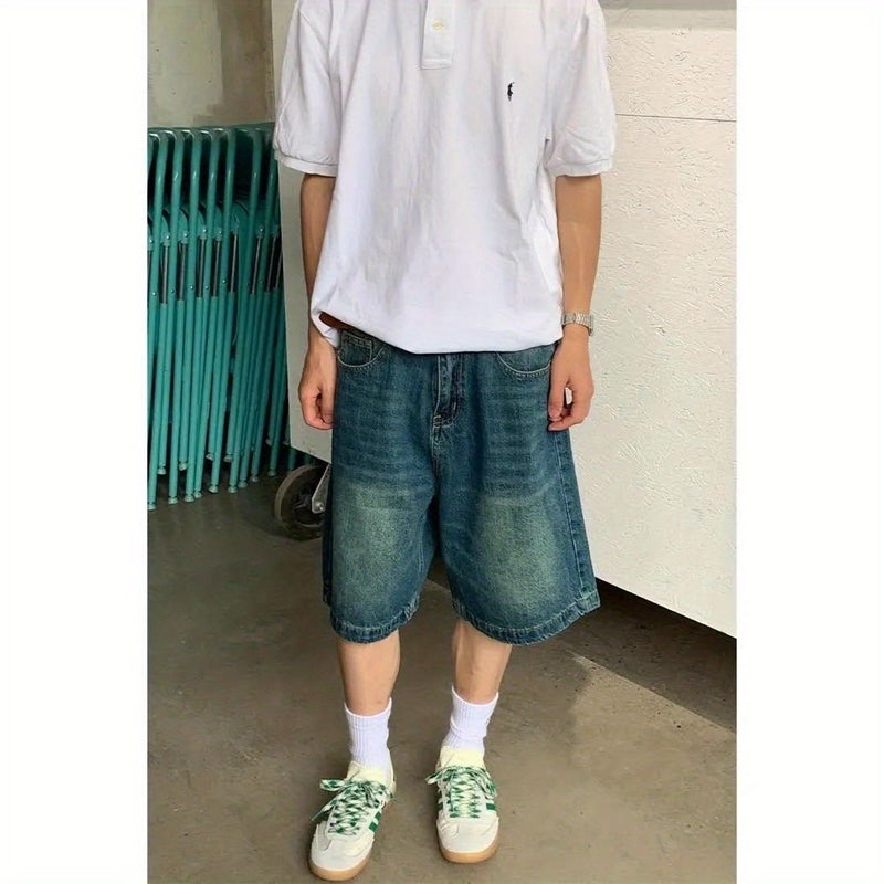 Vintage American Style Denim Shorts Loose Fit Straight Leg Five Patch Blue Distressed Washing Clean Fit Mens Pants 9002-Black  - Image 3