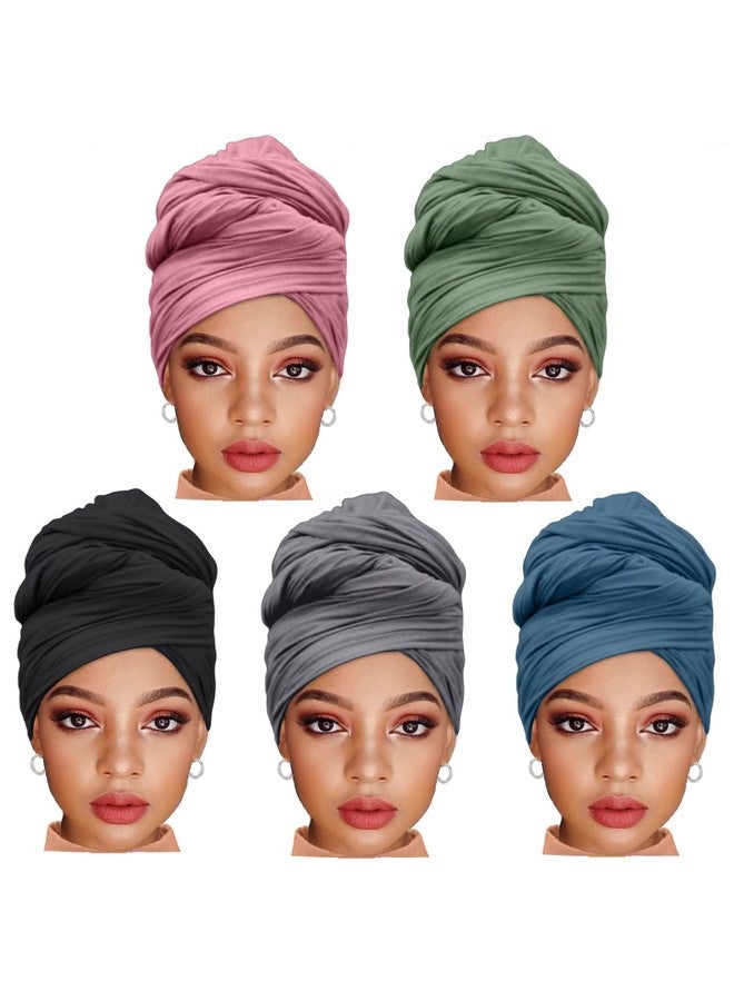 ZRQ ZRQ 5 Pieces Stretch Jersey Turbans Headwrap Scarf for Black Women Fashion Headwear Boho Extra Long Scarf Soft Breathable Easy Knot Hijab Tie (Black,Pink,Olive Green,Deep Ha Tsing,Dark Grey) - Image 1
