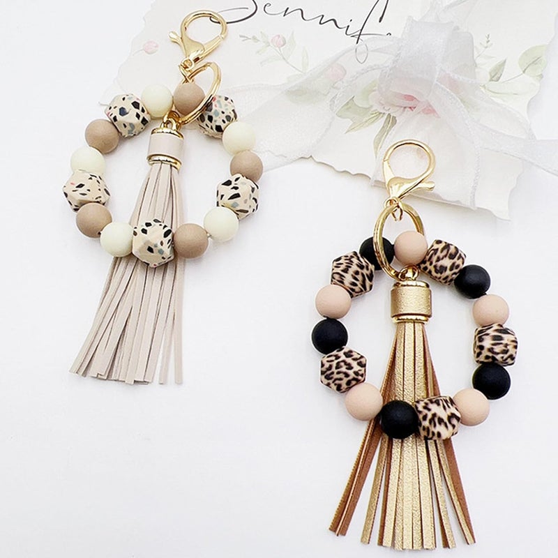 Boethesi Silicone Beaded Bracelet Keychain Key Ring for Women, Key Chain with PU Tassel, Car Keyring Wristlet Bag Pendant - Image 4